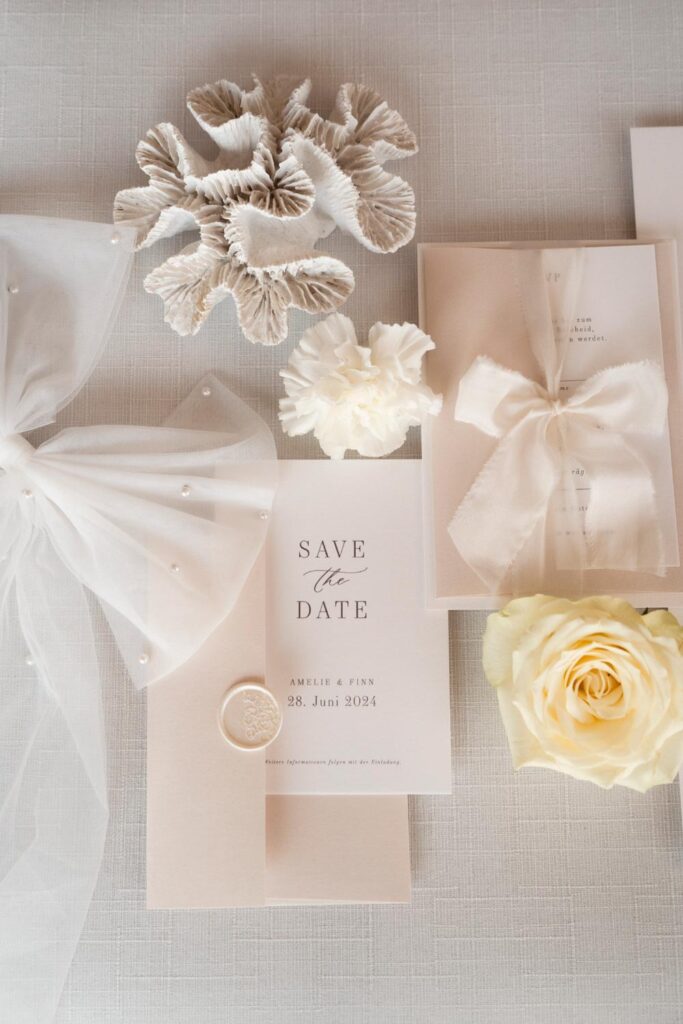 Elegante Hochzeitseinladung mit weißen Rosen und Schleifen